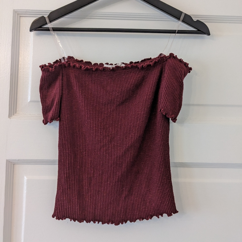 American Threads baby cropped off the shoulder tee, oxblood / burgundy r…